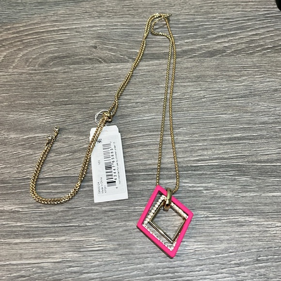 NWT Karl Lagerfeld Pink and Gold Geometric Pendant Necklace - Picture 2 of 3